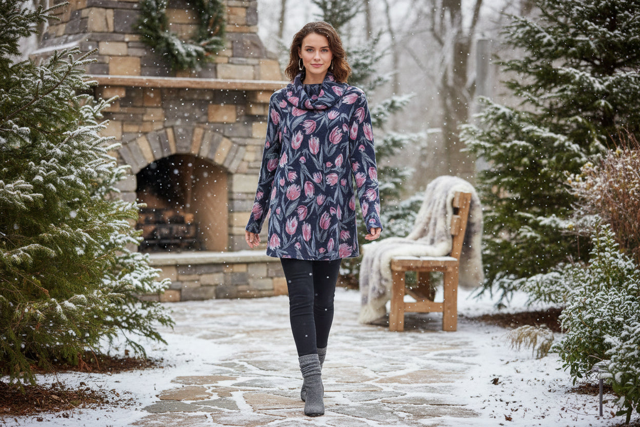 Black & Pink  Tulip Design Turtle Neck Sweater Sizes S,M,L