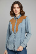 Marigold Kiss Denim & Suede Collared Blouse Sizes S,M,L