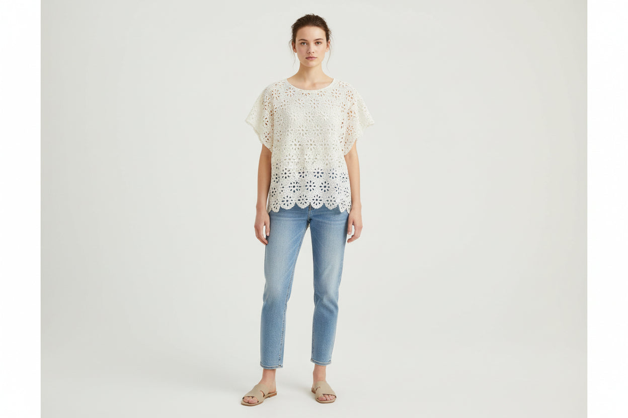 Origami White Lace Blouse with Flower Design Size Small