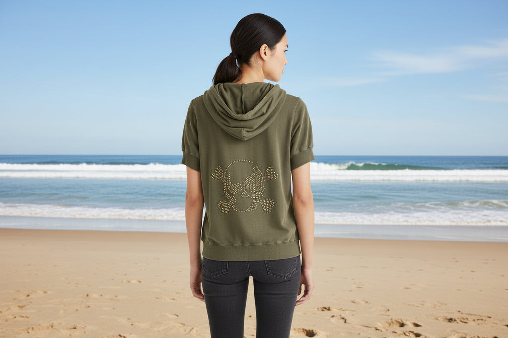 2 Piece Short Sleeve Pant & Hoodie Set. With Skull on Back of Hoodie