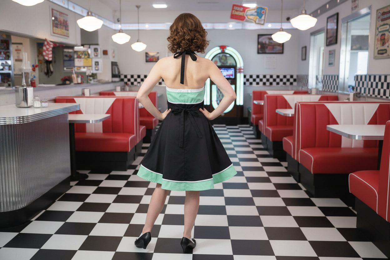 50’s Style Halter Black and Green Dress with Low Cut Back Size XL