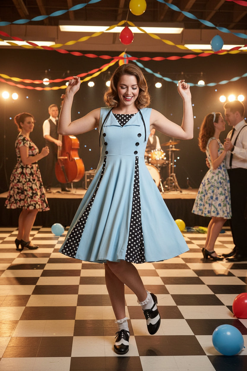 Step Back in Time ,50 Style Sleeveless Dress Blue with Polka Dots