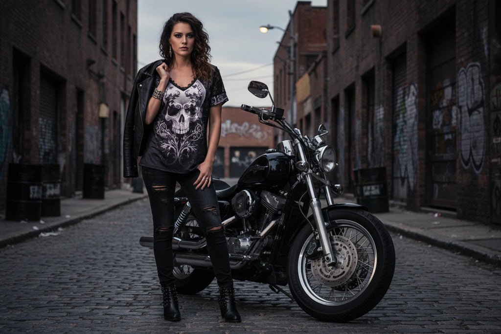 Gothic Skull Blouse with Short Sleeves. Size Large
