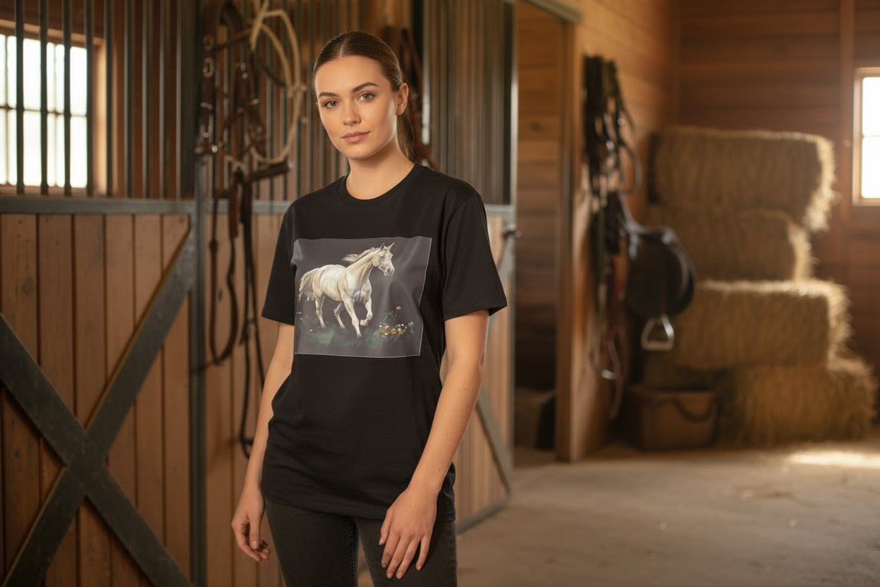 Western Black T Shirt with Wild White Horse. Size Medium