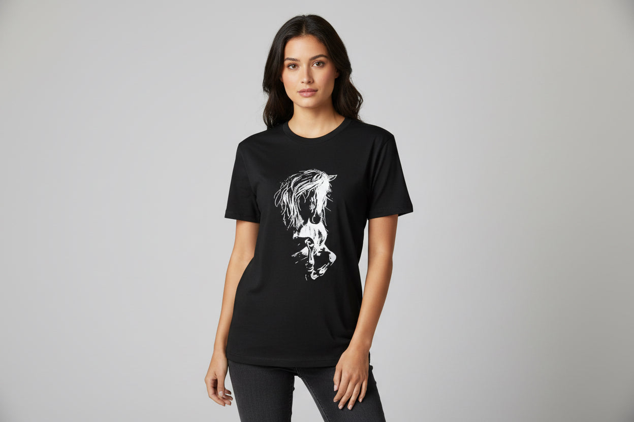 Western White Horse Black T Shirt  Size Medium