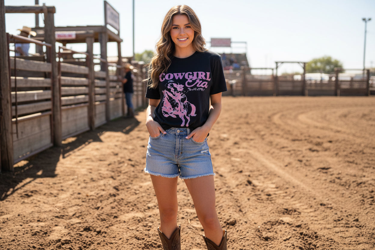 Western Cow Girl Era Black T Shirt  with Pink Writing  Size Medium