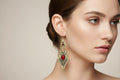 Dangling Gold Geometric Style Earrings with Red Stones