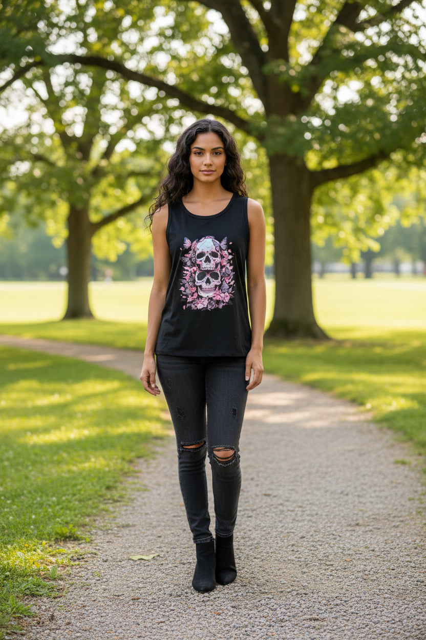 Gothic Black & Pink Skull Tank Top. Size Large