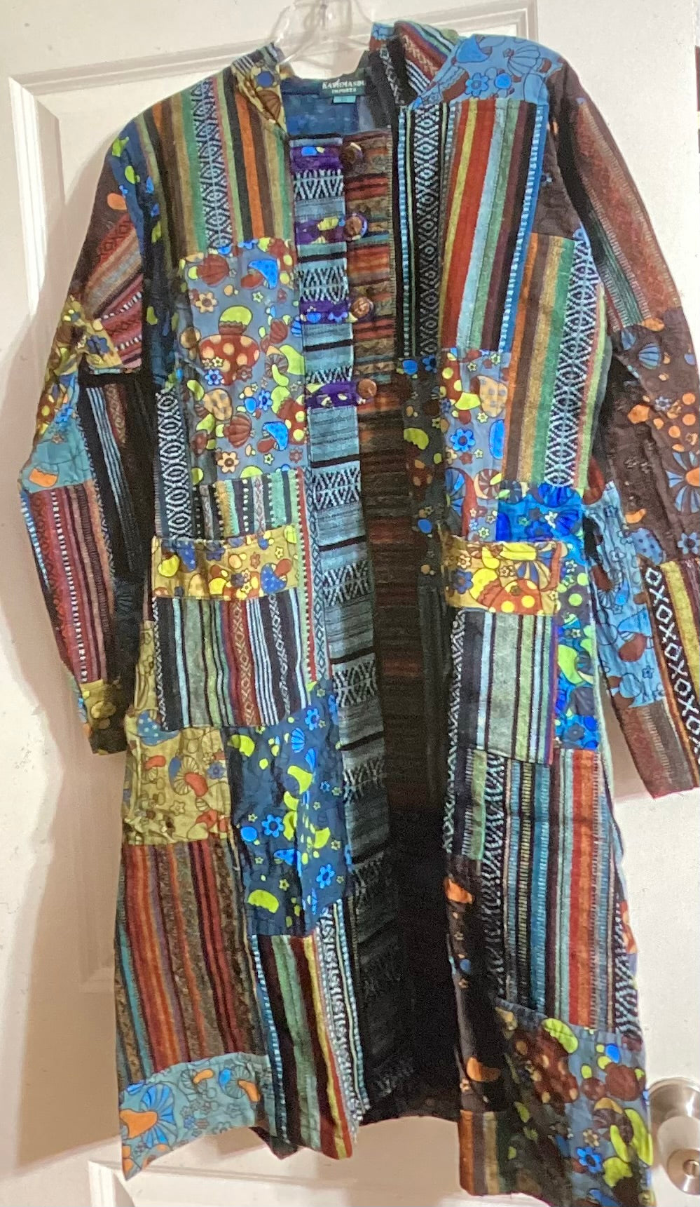 Kathmandu patchwork mushroom long coat with pockets. Size m/l