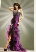 Purple long formal split front with ruffles. Has bling on the bodice. Size 12