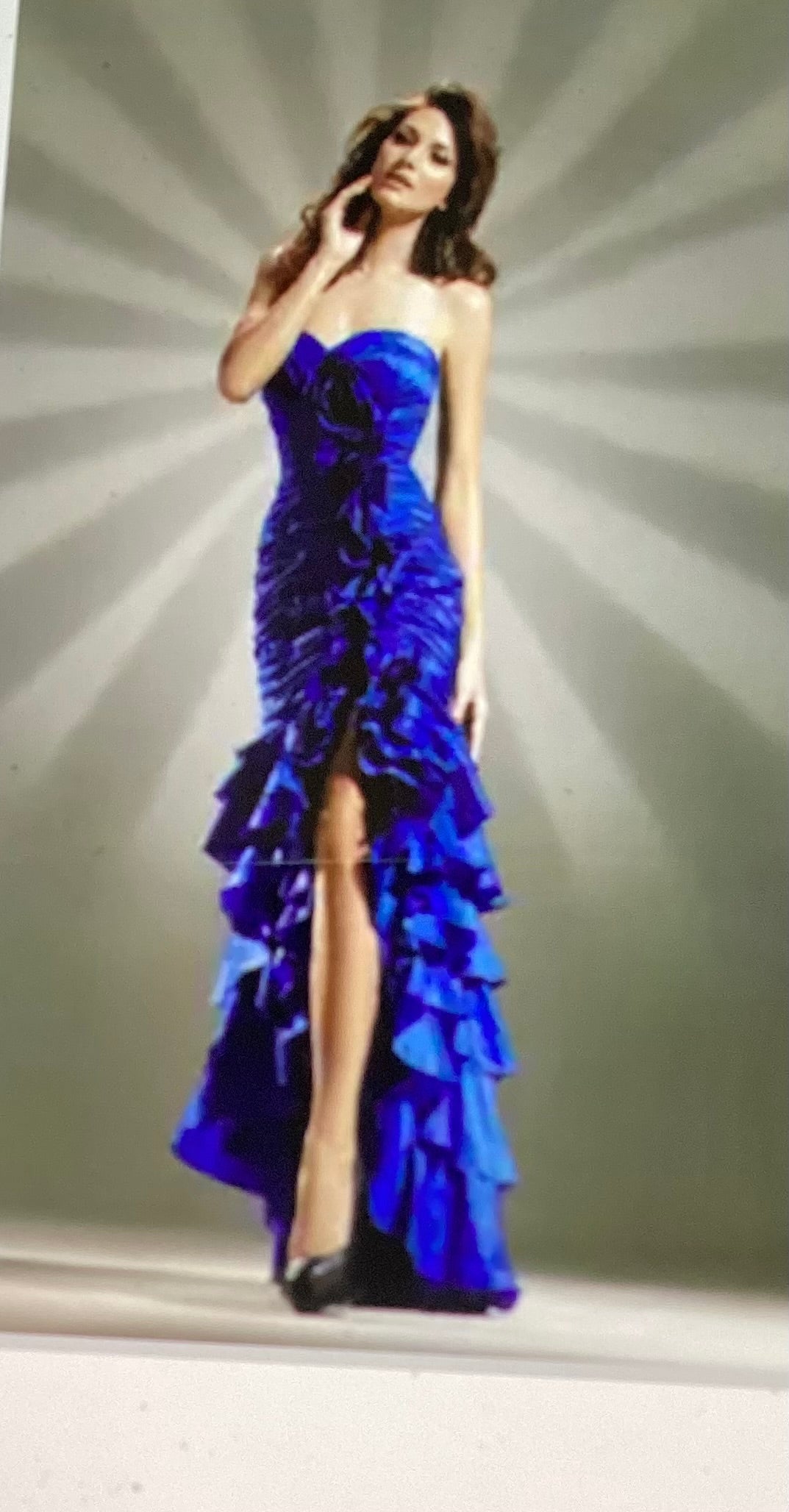 Women’s blue strapless formal long dress middle slit up front