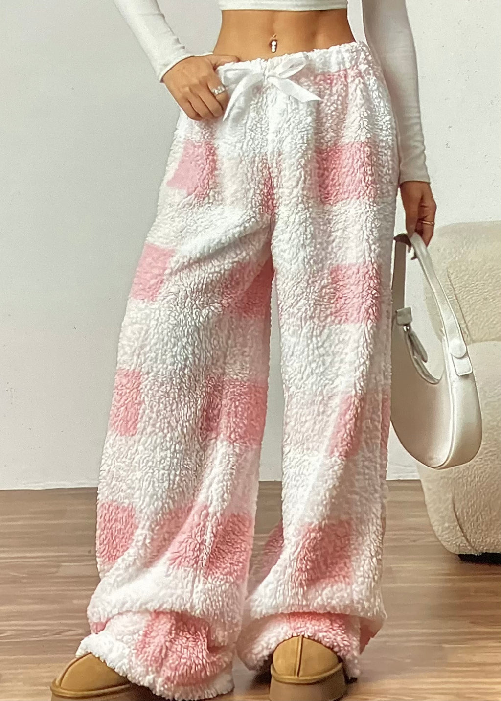 Winter fleece pants, pink & white checker, size large
