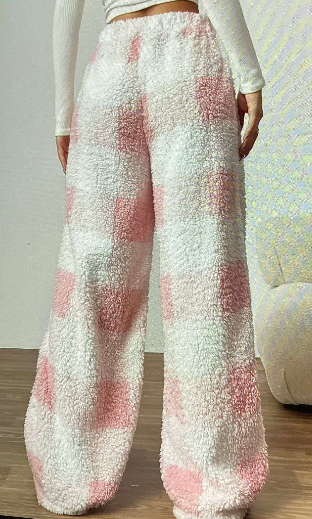 Winter fleece pants, pink & white checker, size large