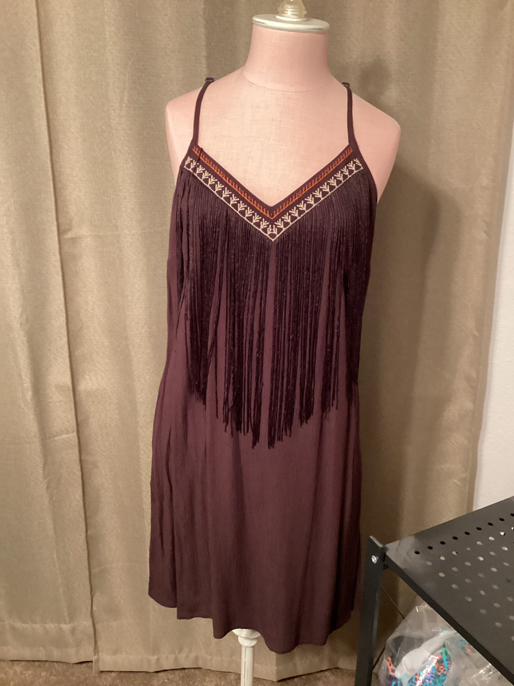 Brown spaghetti strap dress with fringe on front and back