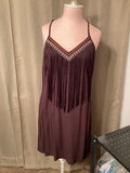 Brown spaghetti strap dress with fringe on front and back