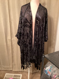 Umgee long black velvet cardigan with fringe on bottom. Sizes 1x,2x