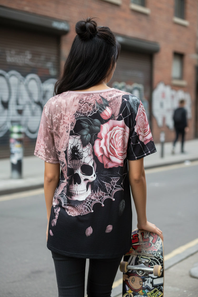 Gothic Short Sleeve Top with Skull. Size Large
