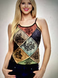 Yak&yeti ribbed spaghetti strap top with mushrooms and peace sign, sizes s,m,l
