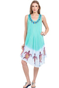 Sleeveless dress with turtles around hemline. One size fits up to 2x