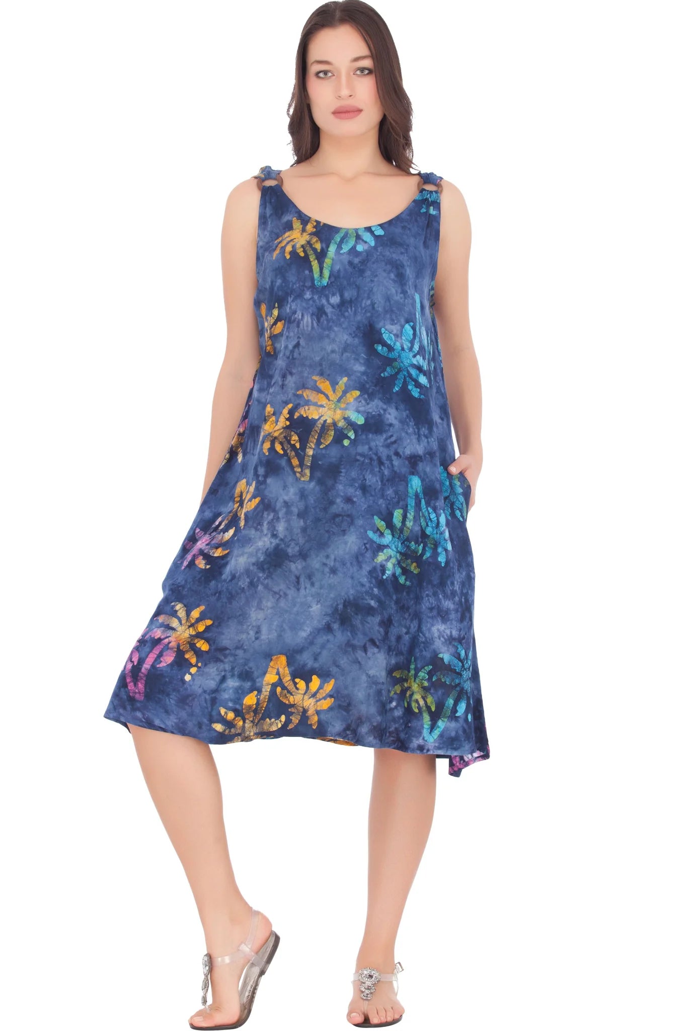 India Boutique Umbrella Dress Blue with Palm Trees and Pockets