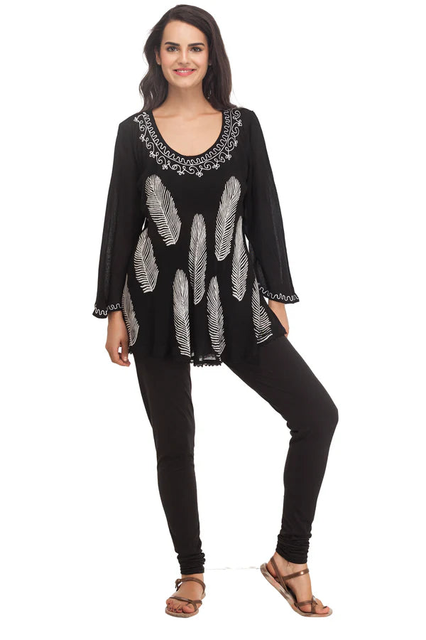 Long sleeve black umbrella blouse with silver leaves  one size