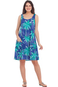 Sleeveless umbrella dress with palm trees and pockets