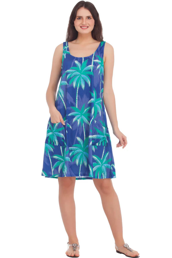 Sleeveless umbrella dress with palm trees and pockets