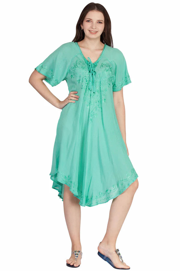 Short sleeve umbrella dress with lace tie top. One size