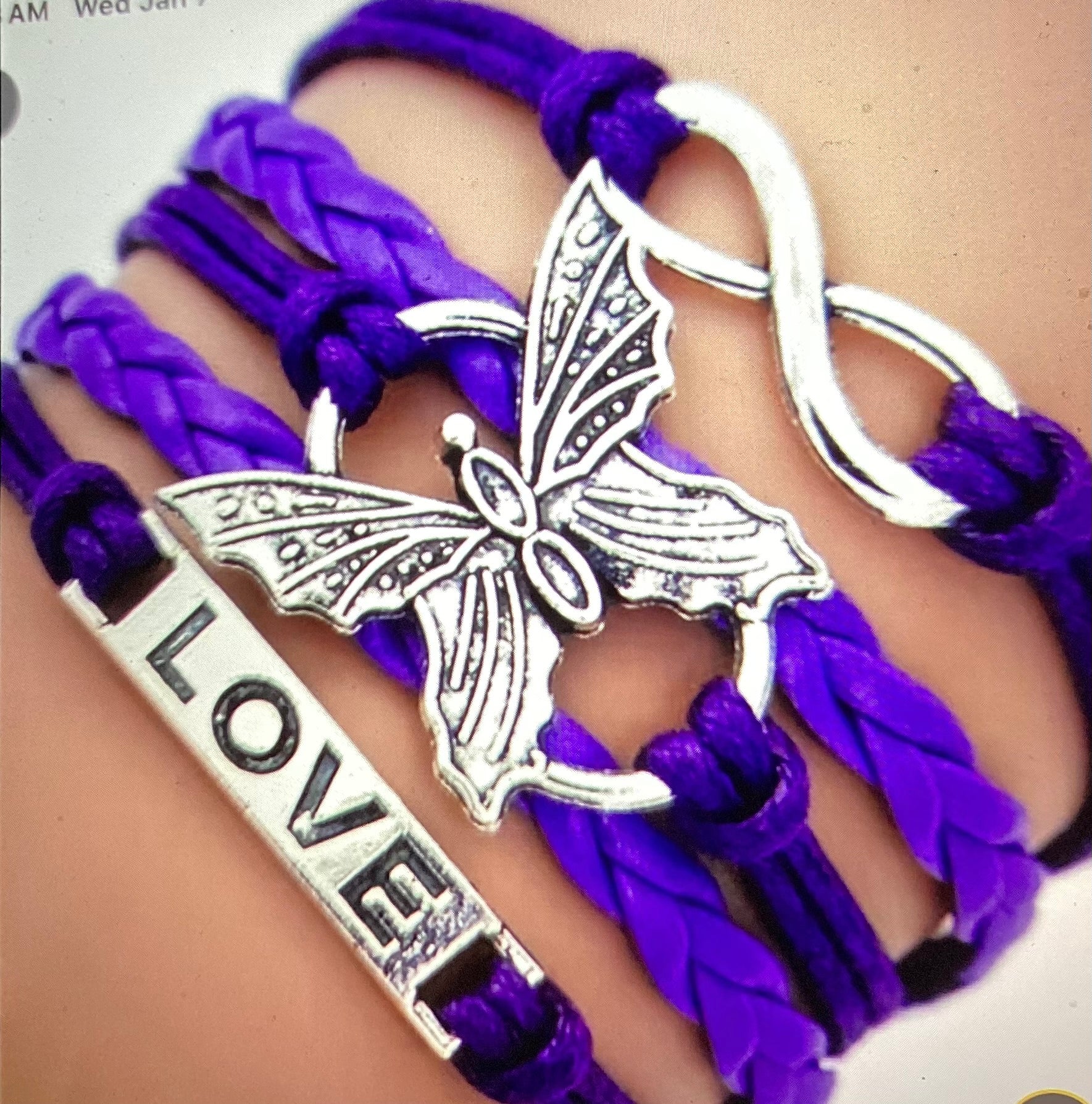 Purple bracelet with love & butterfly