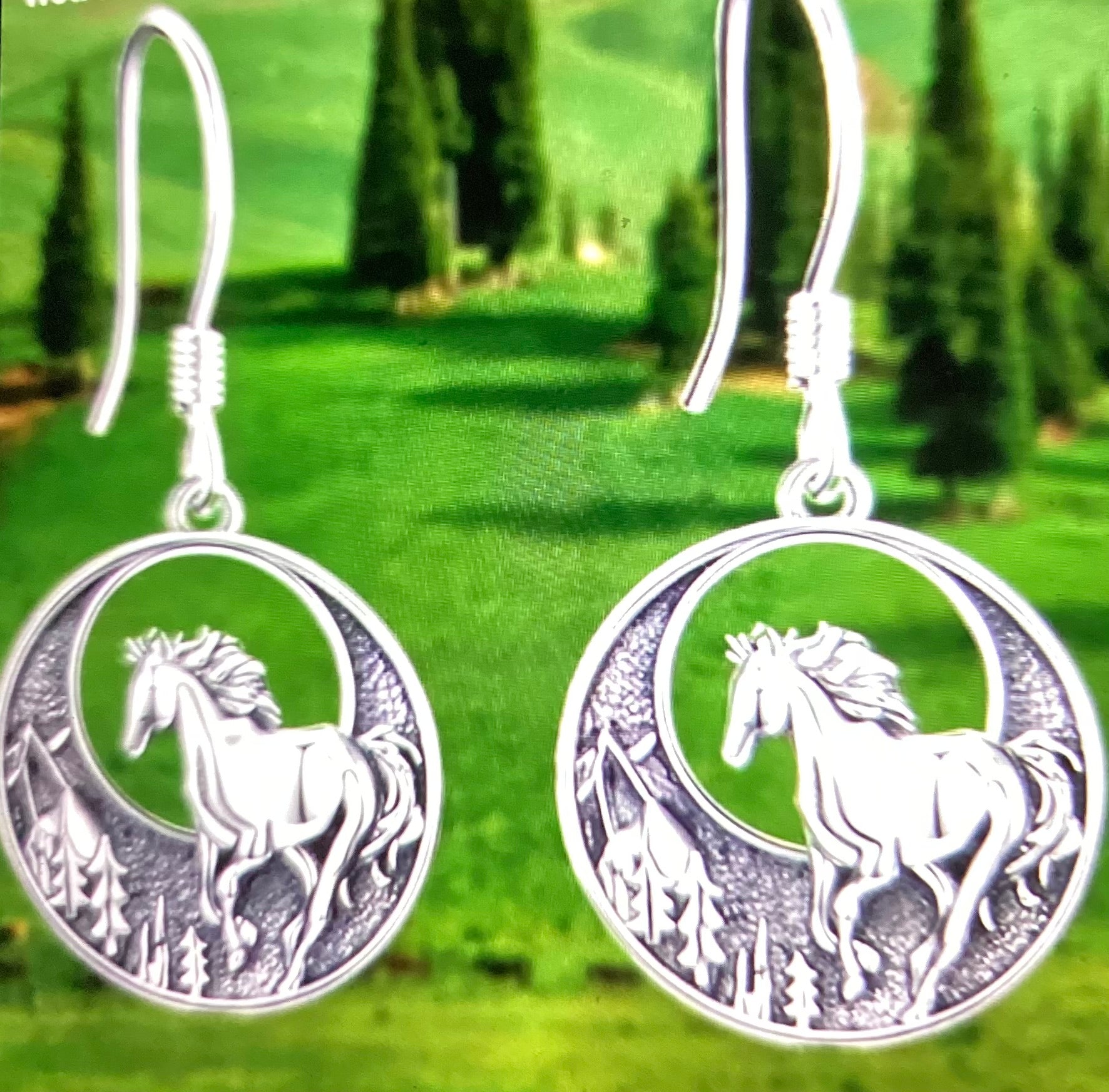 Round dangling earrings with a horse running through the field