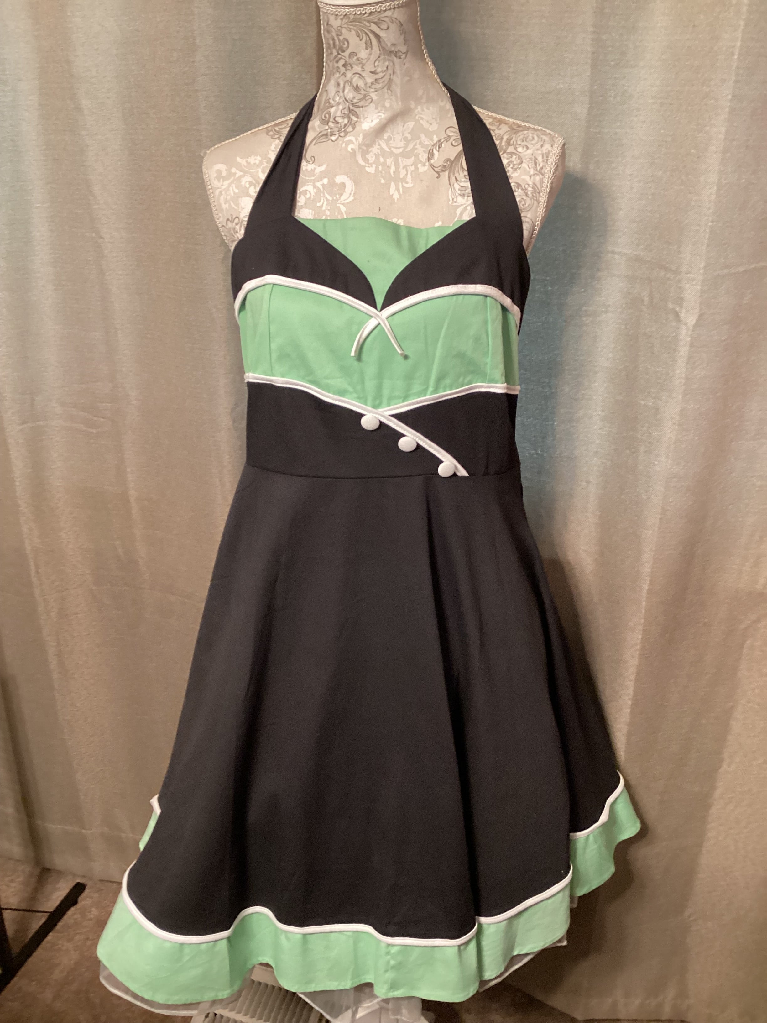 50’s style halter black and green dress with low cut back
