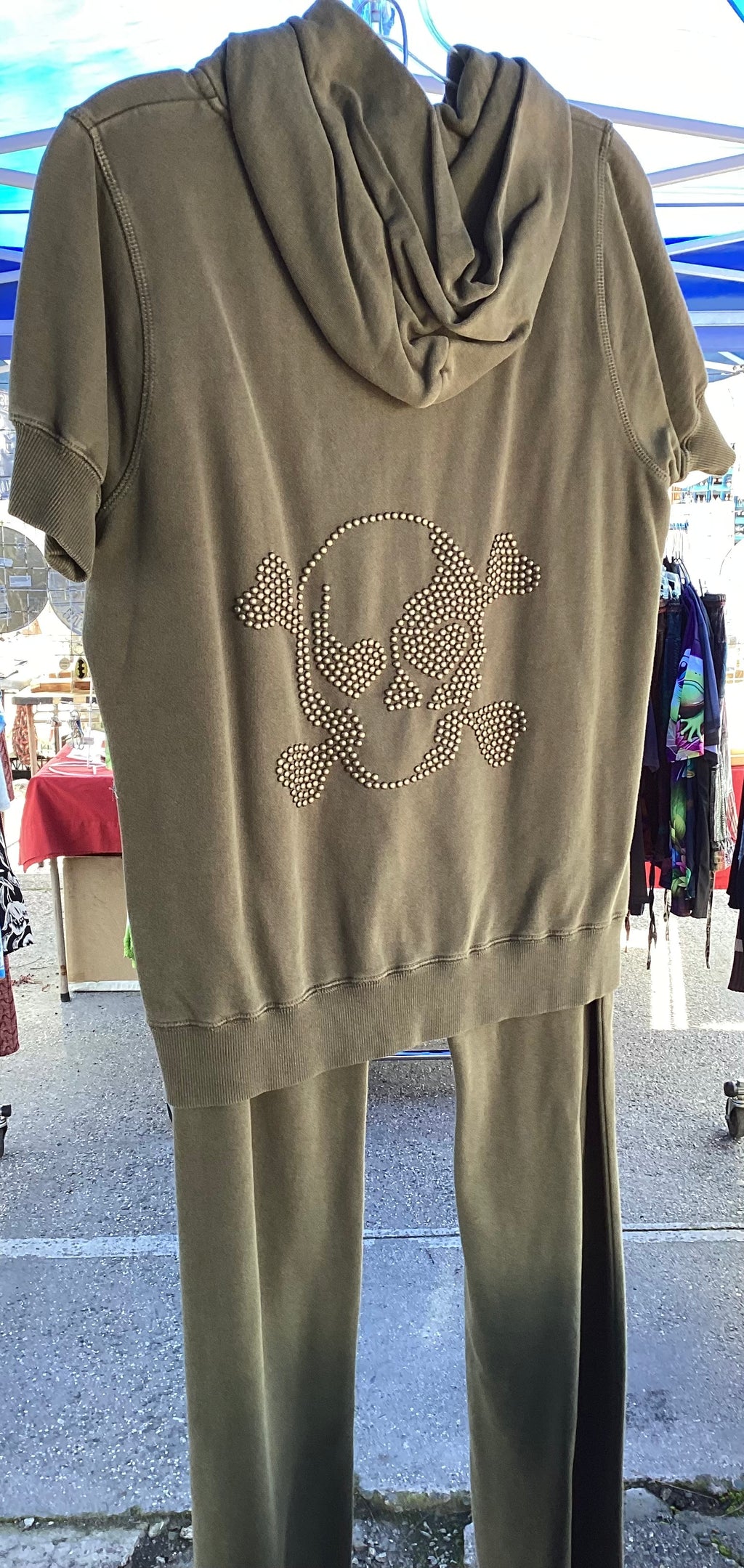 2 piece short sleeve pant & hoodie set. With skull on back of hoodie