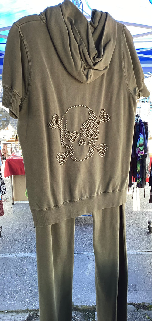 2 piece short sleeve pant & hoodie set. With skull on back of hoodie