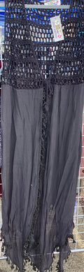 India Boutique Long Black Cardigan with Crochet Top and Tassel Hemline