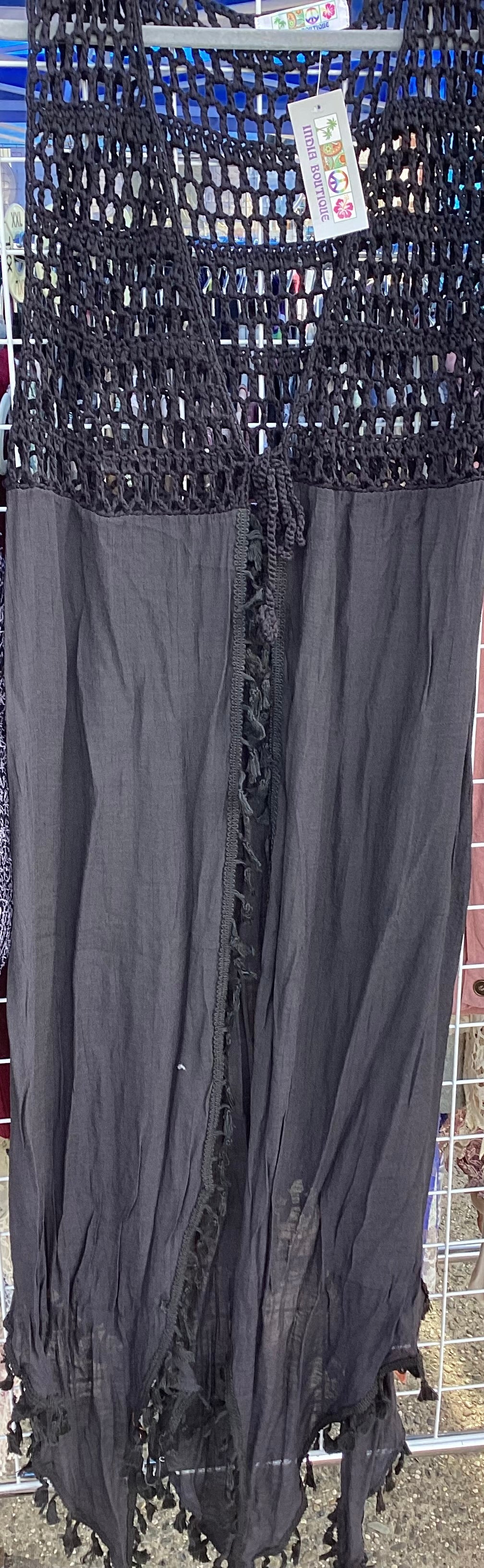 India Boutique Long Black Cardigan with Crochet Top and Tassel Hemline