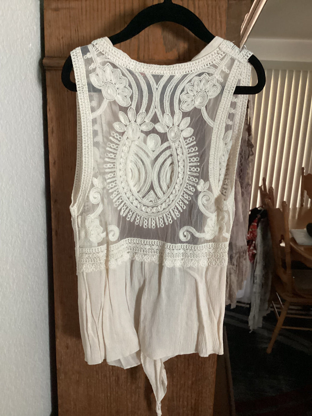 Origami Little Girls White Cardigan with Front Tie and Lace Back . Size S/M