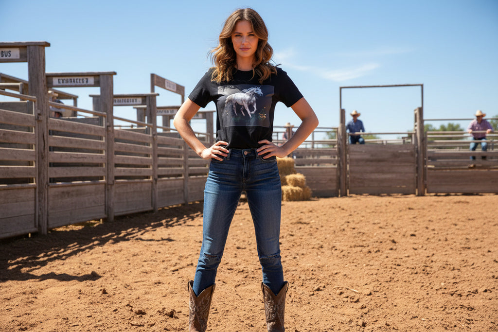 Black Tee Shirt with White Horse Size Medium