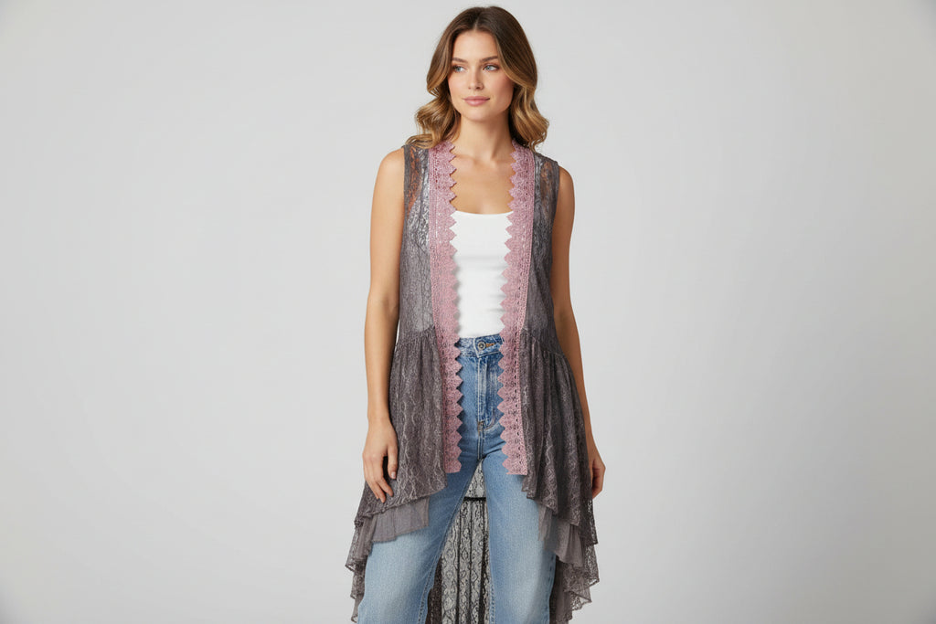 Origami Hi-lo black Vest Cardigan with Pink Accent Lace Size Small