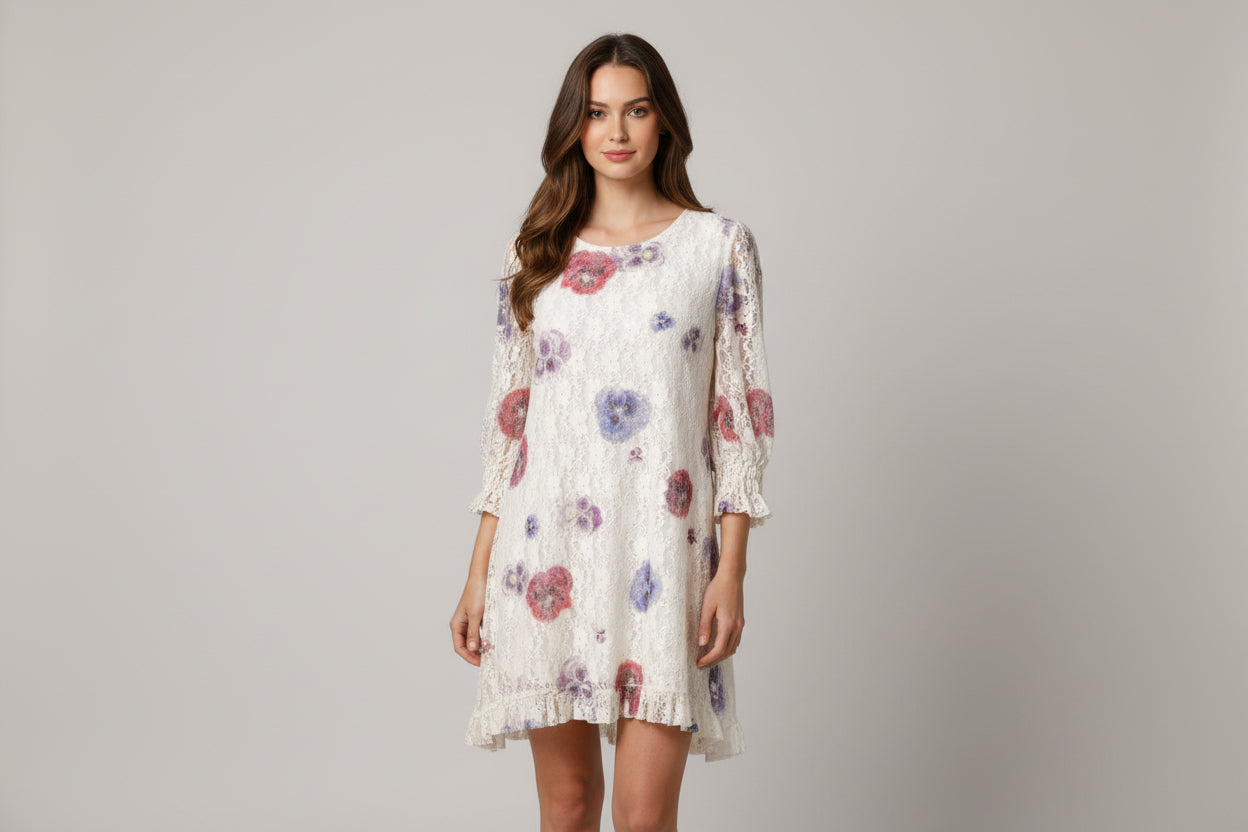 Origami White Dres with Flowers on the Front Only Size Small
