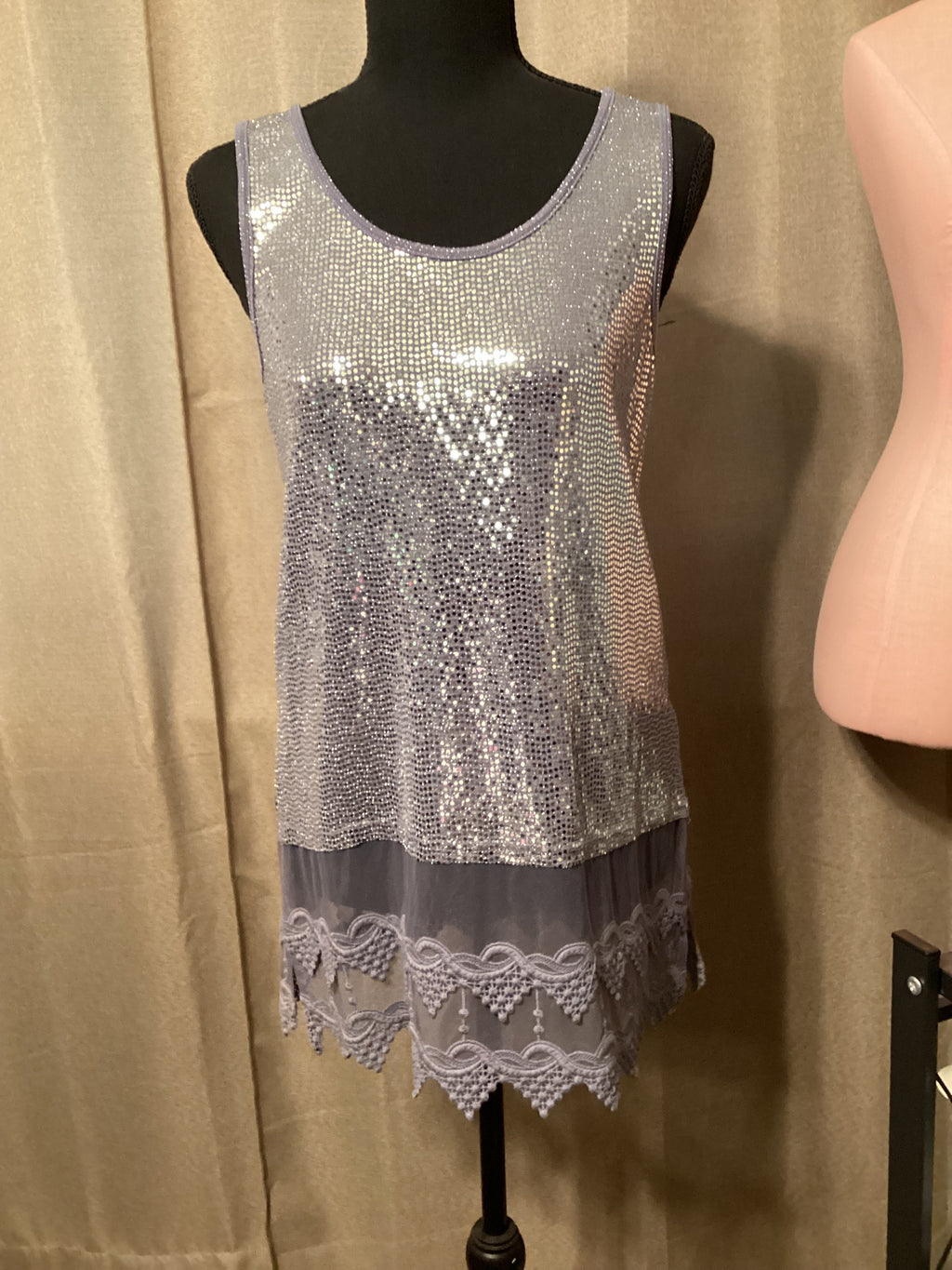 Origami Grey Sequin Tank Top with Lace Bottom Size Small