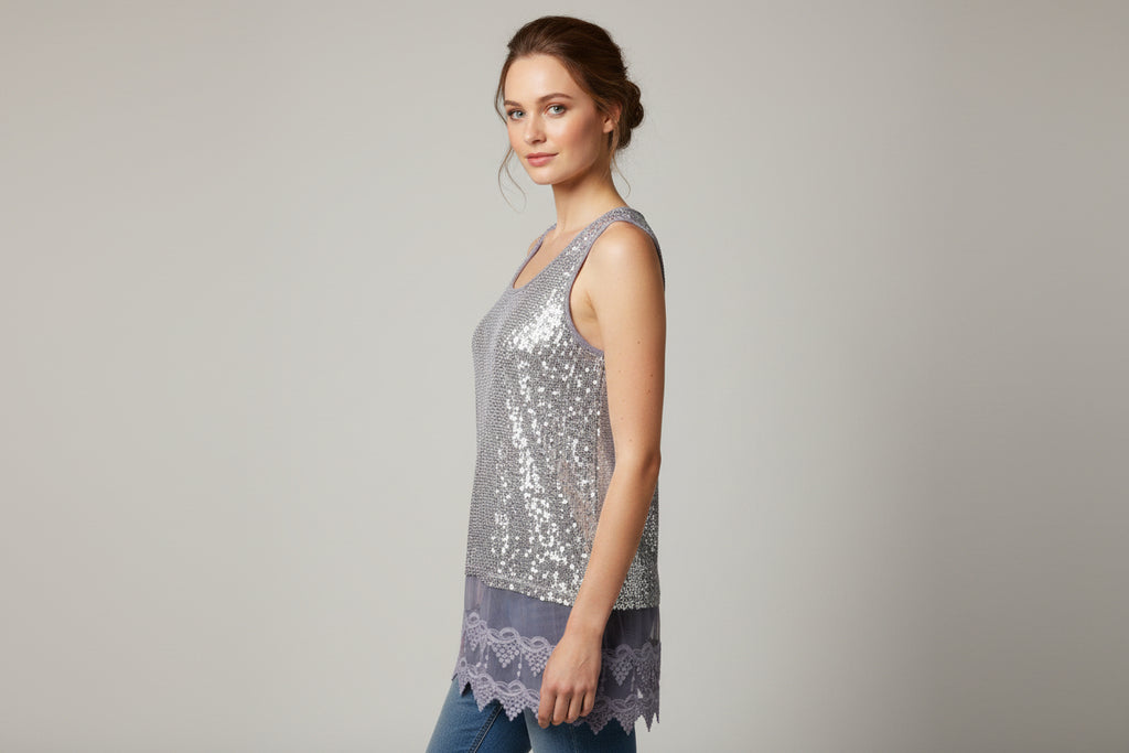 Origami Grey Sequin Tank Top with Lace Bottom Size Small