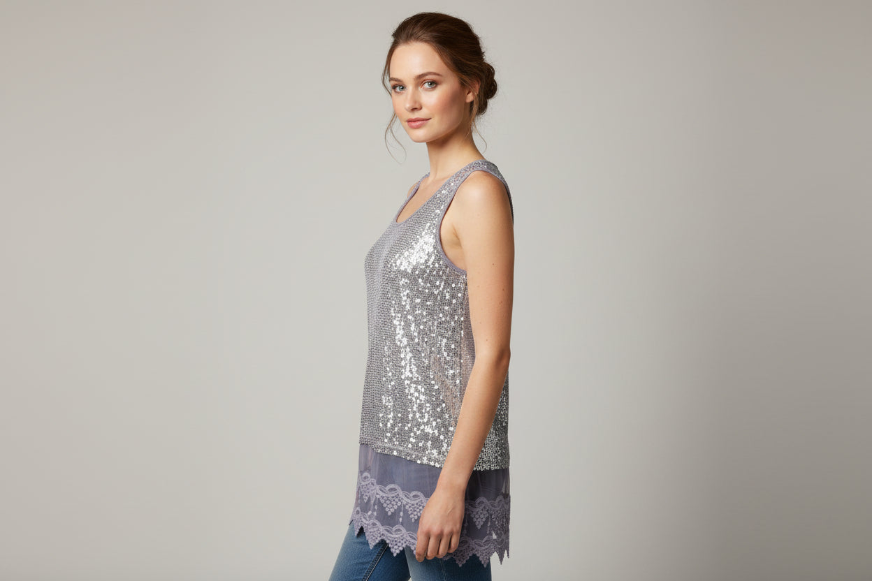 Origami Grey Sequin Tank Top with Lace Bottom Size Small