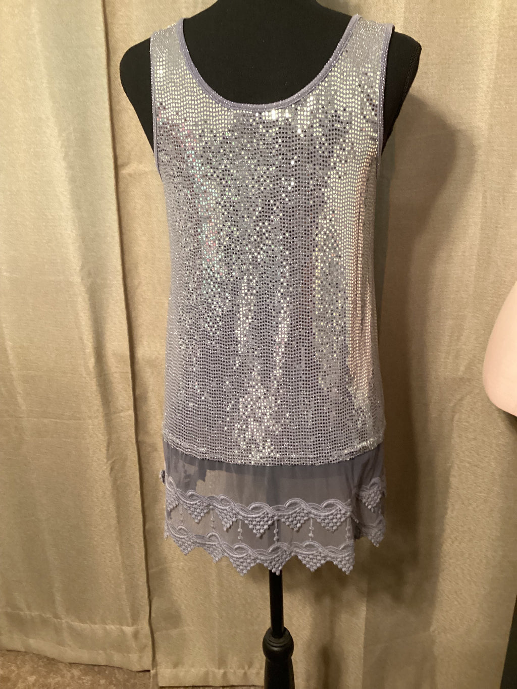 Origami Grey Sequin Tank Top with Lace Bottom Size Small