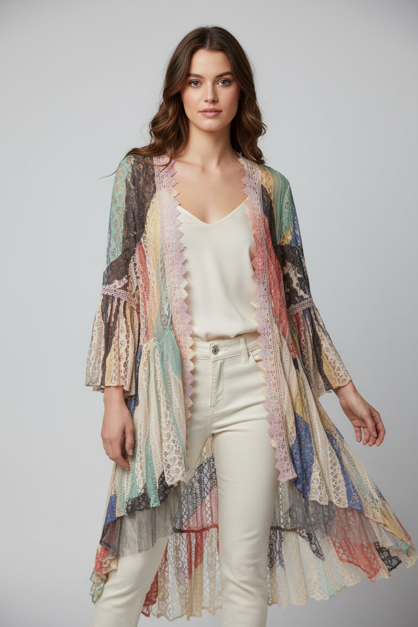 Origami Multicolored Hi-Lo Patchwork Style 3/4 Bell Sleeves Cardigan Size Small