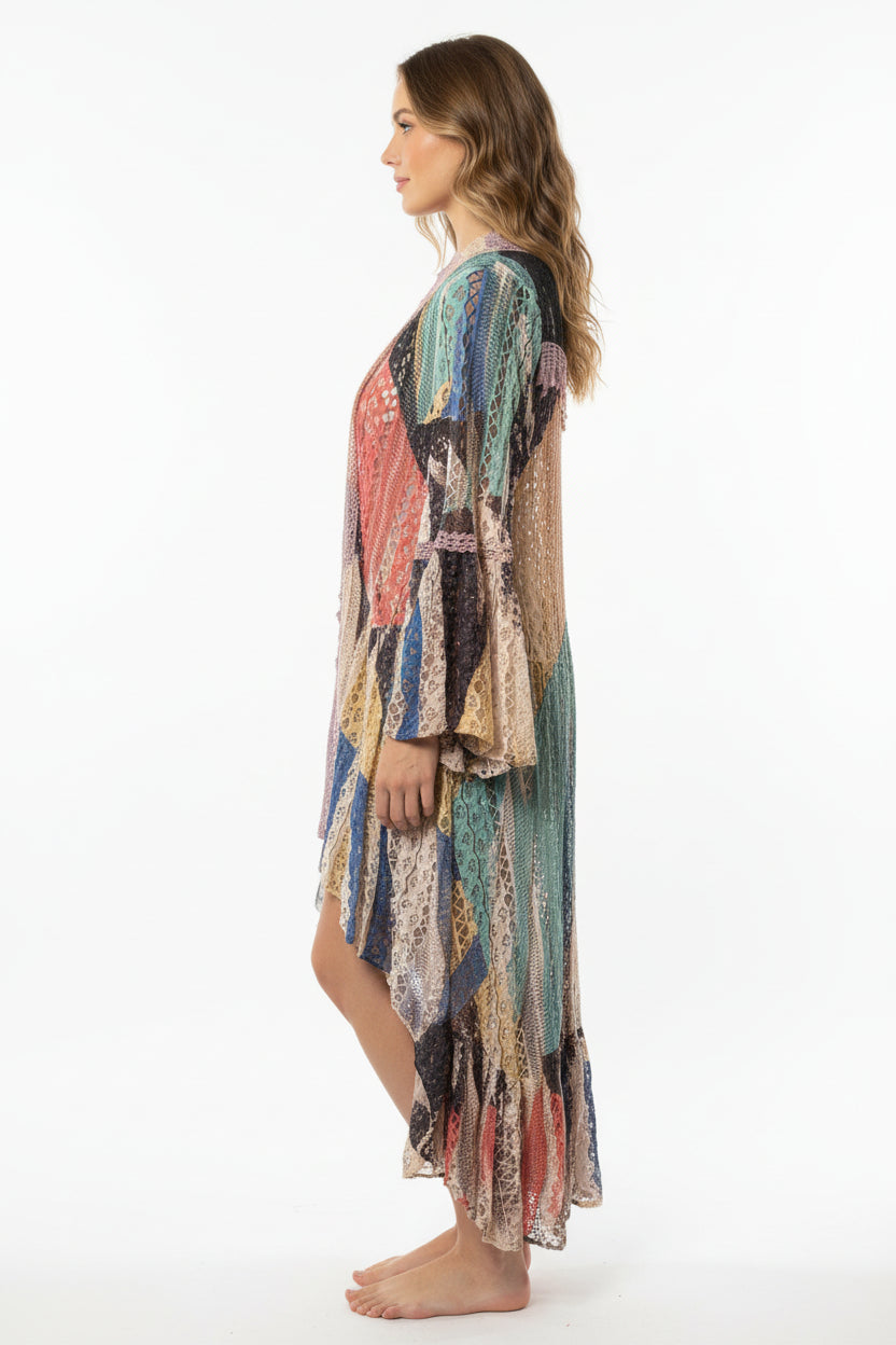 Origami Multicolored Hi-Lo Patchwork Style 3/4 Bell Sleeves Cardigan Size Small