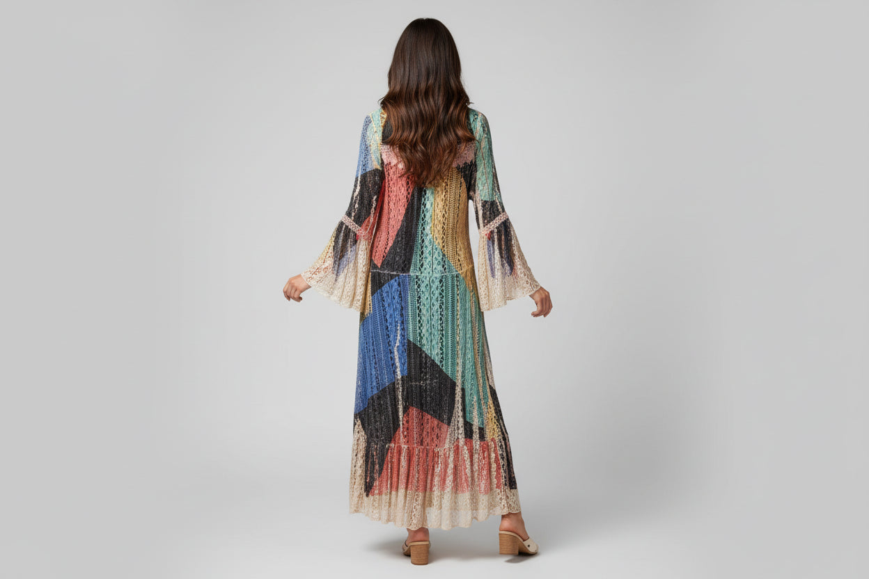 Origami Multicolored Hi-Lo Patchwork Style 3/4 Bell Sleeves Cardigan Size Small
