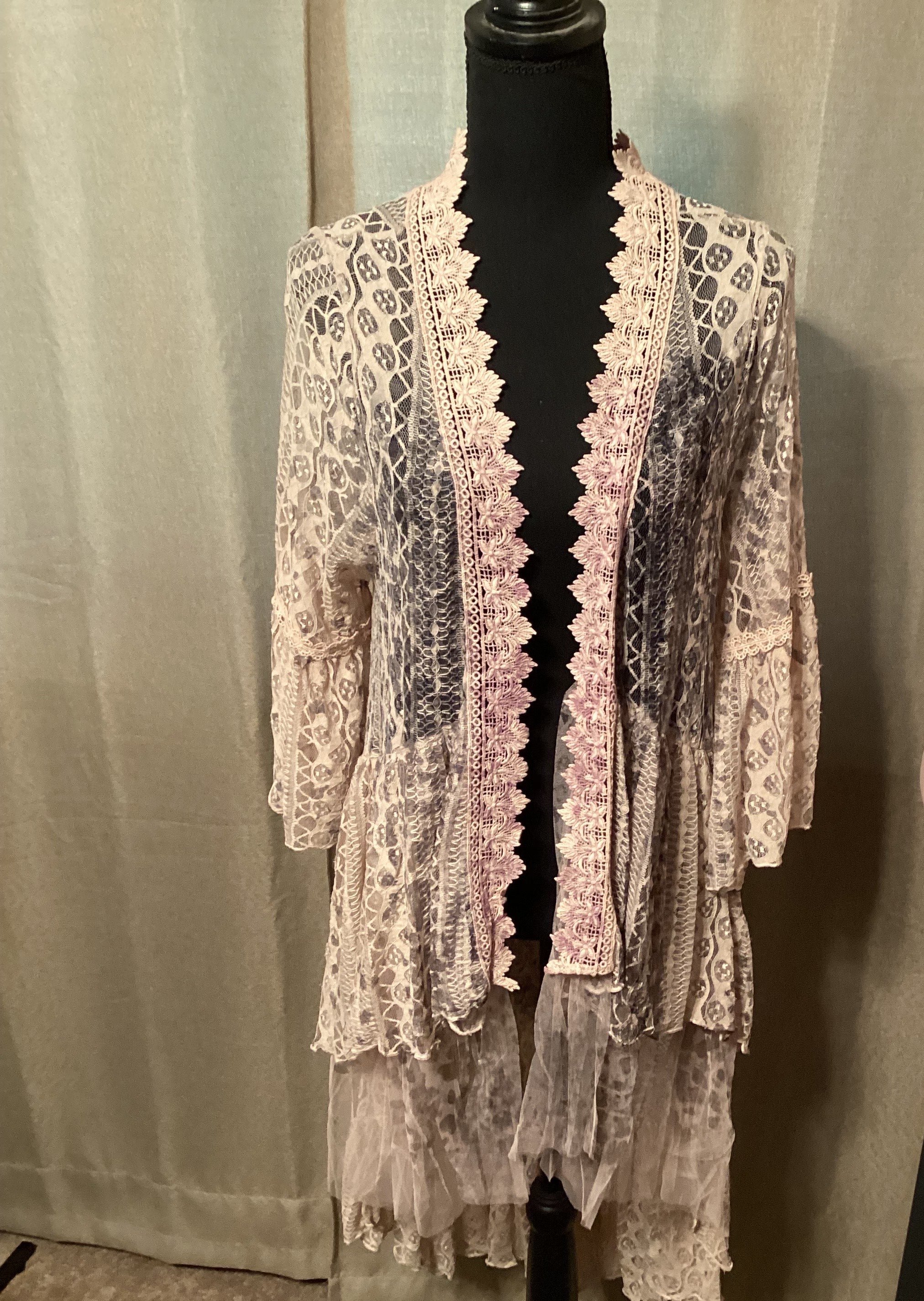 Origami Multicolored 3/4 Bell Sleeves with Lace Ruffle Hem Cardigan Size Small