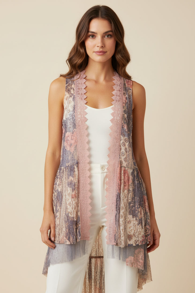 Origami Multicolored Floral Vest Carigan Size Small