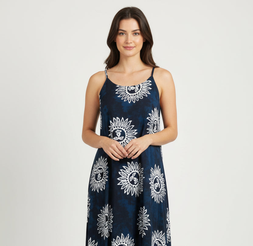 India Boutique Short Dress with Sun Design Open Back One Size Fits up to Large