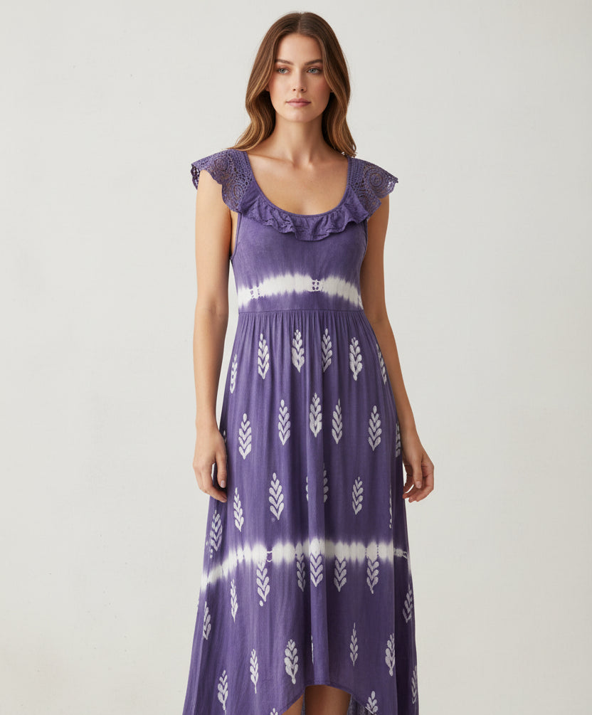 India Boutique Grey Tie Dye Dress with Leaf Design and Lace Collar/Arms and Back One Size